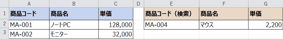完成した表（商品マスタとXLOOKUPの検索結果）