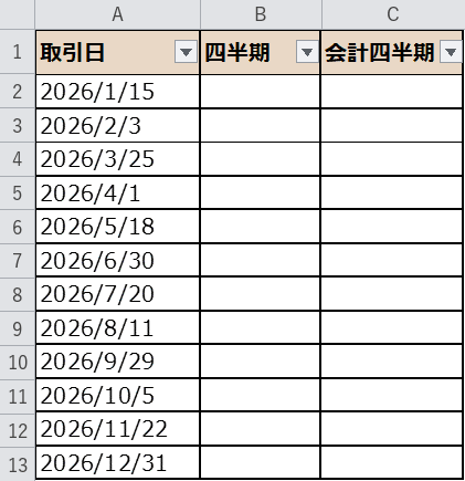 取引日一覧のサンプル表