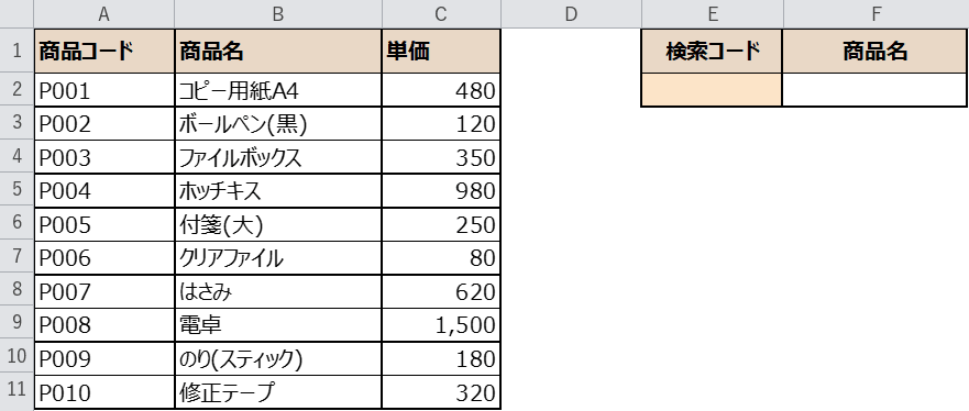 商品マスタと検索エリア