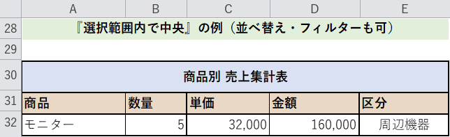 選択範囲内で中央の例