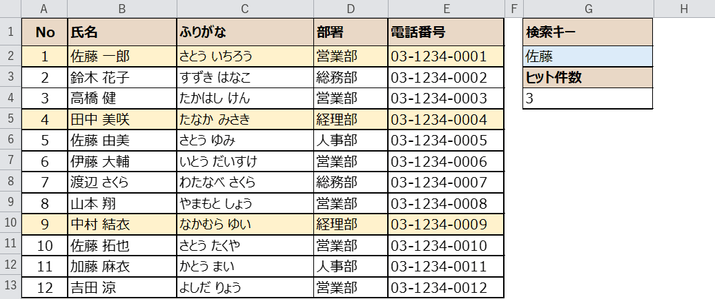 該当する行を色で強調した名簿
