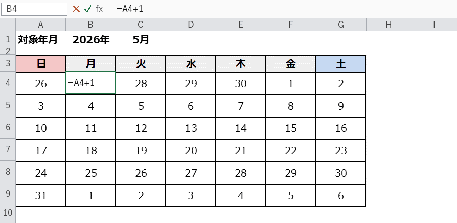 B4セルに=A4+1を入力して全体を埋める