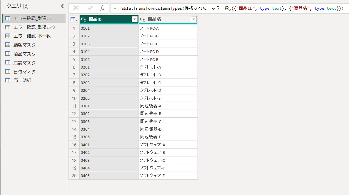 商品IDが文字列「0101」になっているテーブル