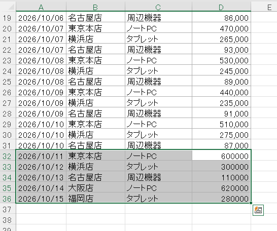 Excelに5行を追記した状態