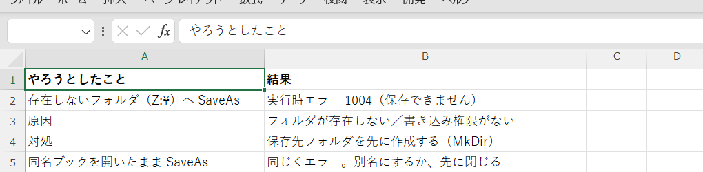 存在しないフォルダへ保存しようとしたときのエラー