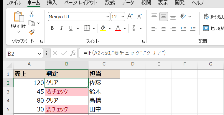 文字列ルールで要チェックのセルが赤くなった状態