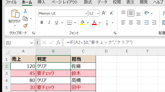 数式ルールで行全体が赤くなった状態