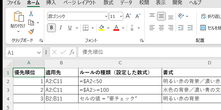 設定した条件付き書式のルール一覧